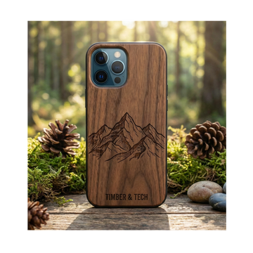 A wooden smartphone case featuring a mountain range engraving